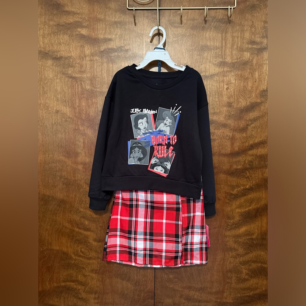 Disney Princess Graphic Sweatshirt & Plaid Skirt School Set Girls 6-6X Red Black